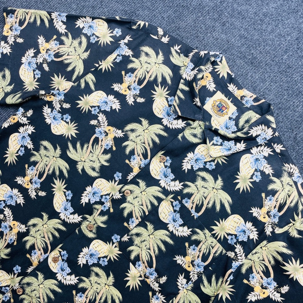 Pusser's West Indies Hawaiian Shirt Medium Silk Cotton Tropical‎ Palm Black Y2K
